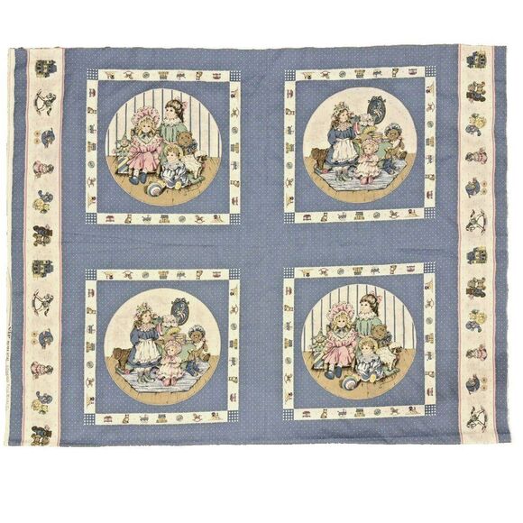 VTG Victorian Dolls Toys Pillow Fabric Panel Multi Blue Four -13.5" Quilt Blocks - Picture 1 of 6